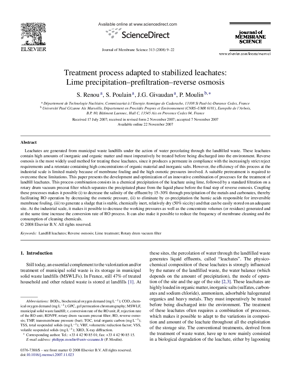 Treatment process adapted to stabilized leachates: Lime precipitation–prefiltration–reverse osmosis