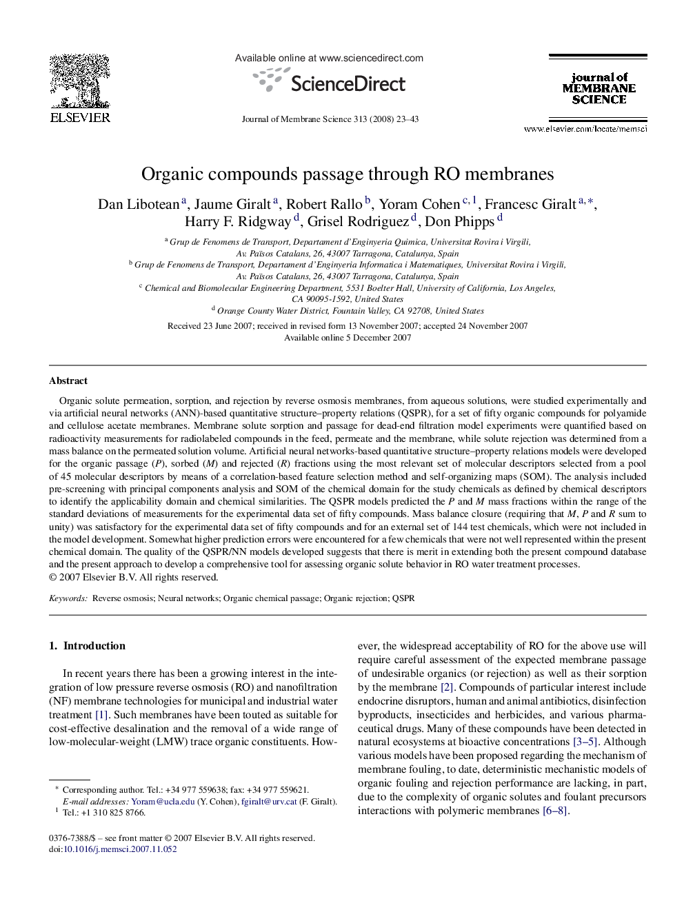 Organic compounds passage through RO membranes