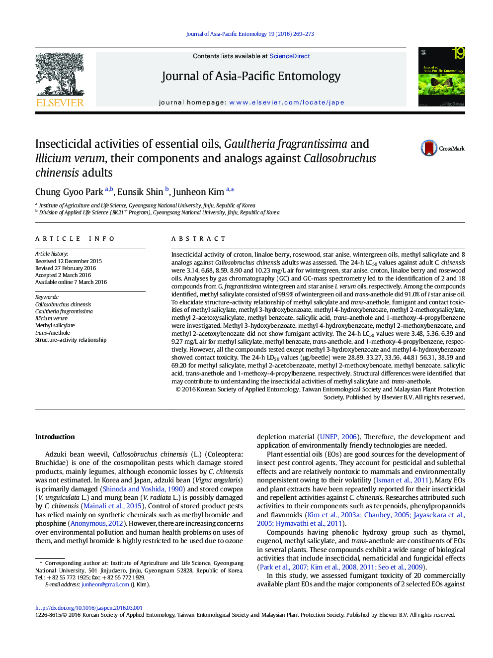 Insecticidal activities of essential oils, Gaultheria fragrantissima and Illicium verum, their components and analogs against Callosobruchus chinensis adults