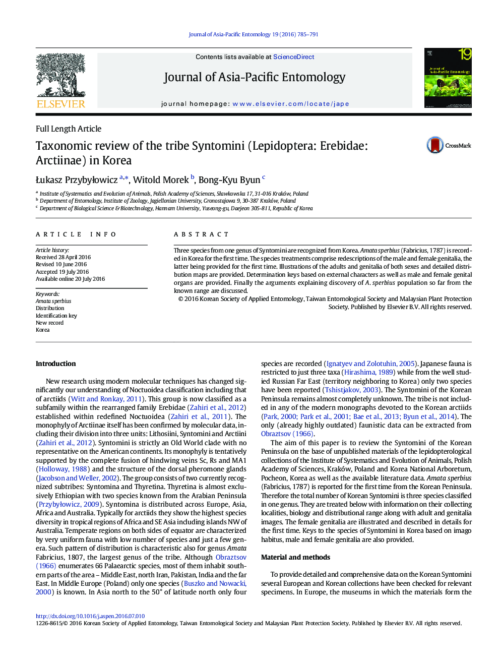 Full Length ArticleTaxonomic review of the tribe Syntomini (Lepidoptera: Erebidae: Arctiinae) in Korea