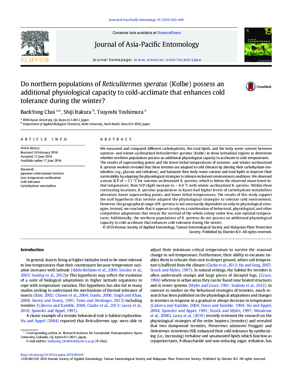 Do northern populations of Reticulitermes speratus (Kolbe) possess an additional physiological capacity to cold-acclimate that enhances cold tolerance during the winter?