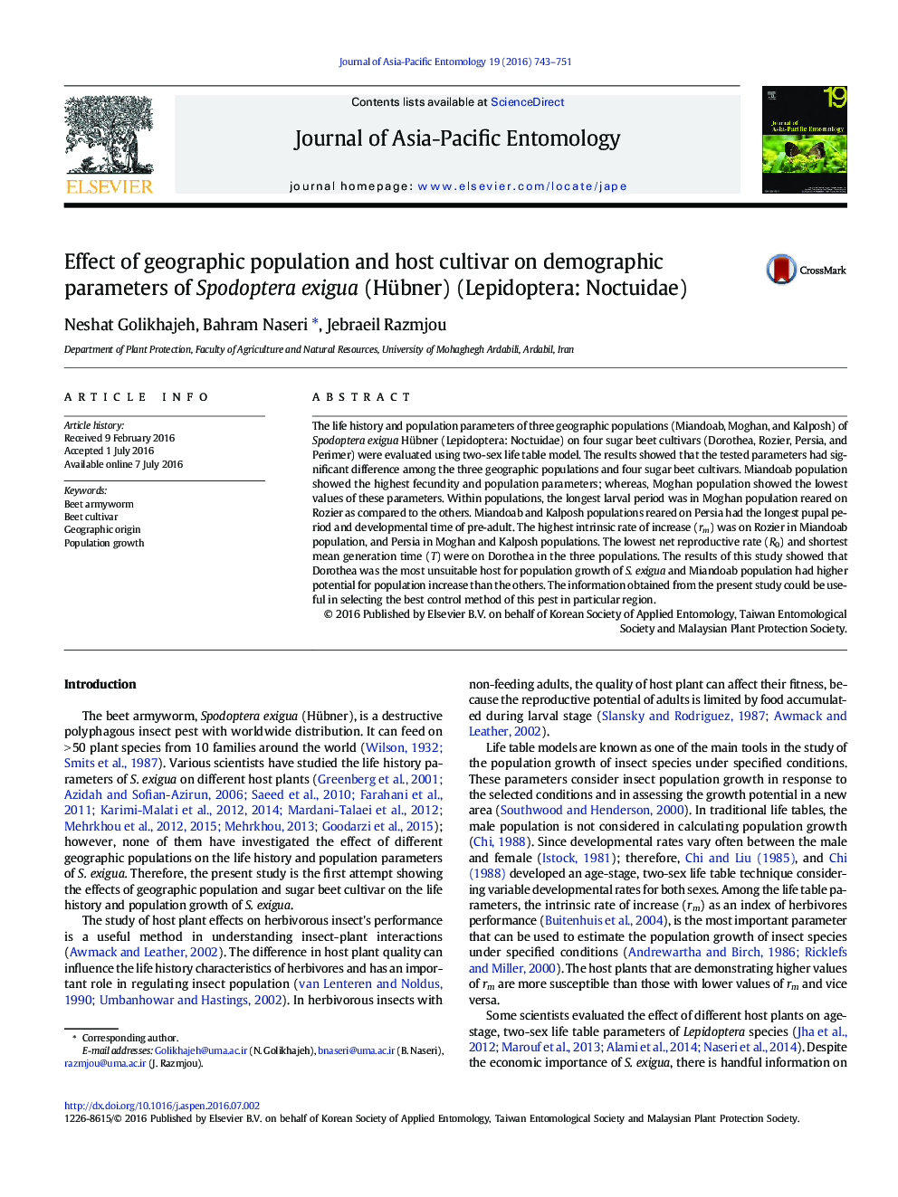 Effect of geographic population and host cultivar on demographic parameters of Spodoptera exigua (Hübner) (Lepidoptera: Noctuidae)