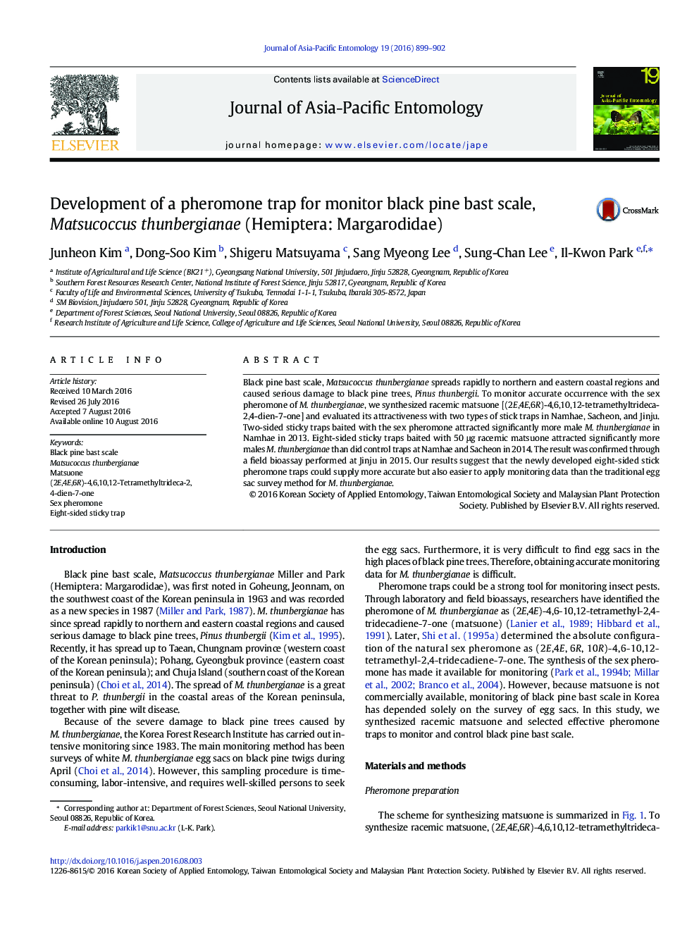 Development of a pheromone trap for monitor black pine bast scale, Matsucoccus thunbergianae (Hemiptera: Margarodidae)