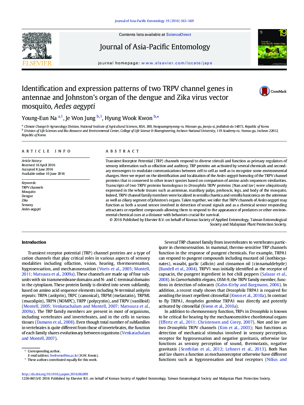 Identification and expression patterns of two TRPV channel genes in antennae and Johnston's organ of the dengue and Zika virus vector mosquito, Aedes aegypti