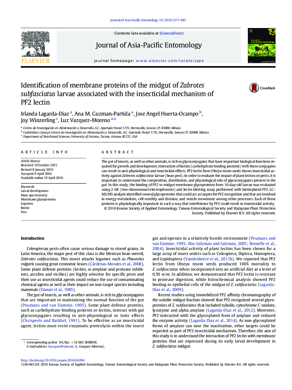 Identification of membrane proteins of the midgut of Zabrotes subfasciatus larvae associated with the insecticidal mechanism of PF2 lectin