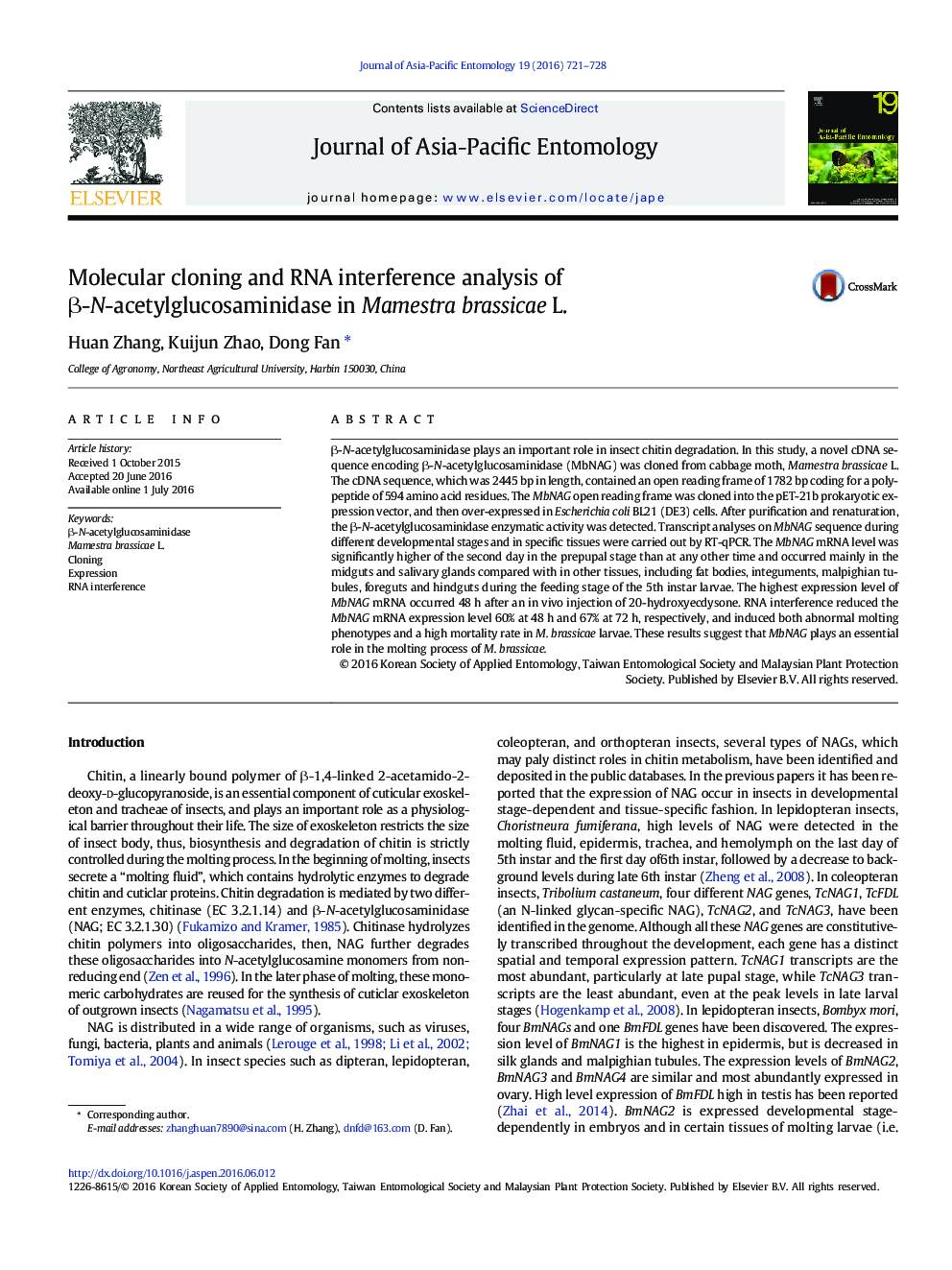 Molecular cloning and RNA interference analysis of Î²-N-acetylglucosaminidase in Mamestra brassicae L.