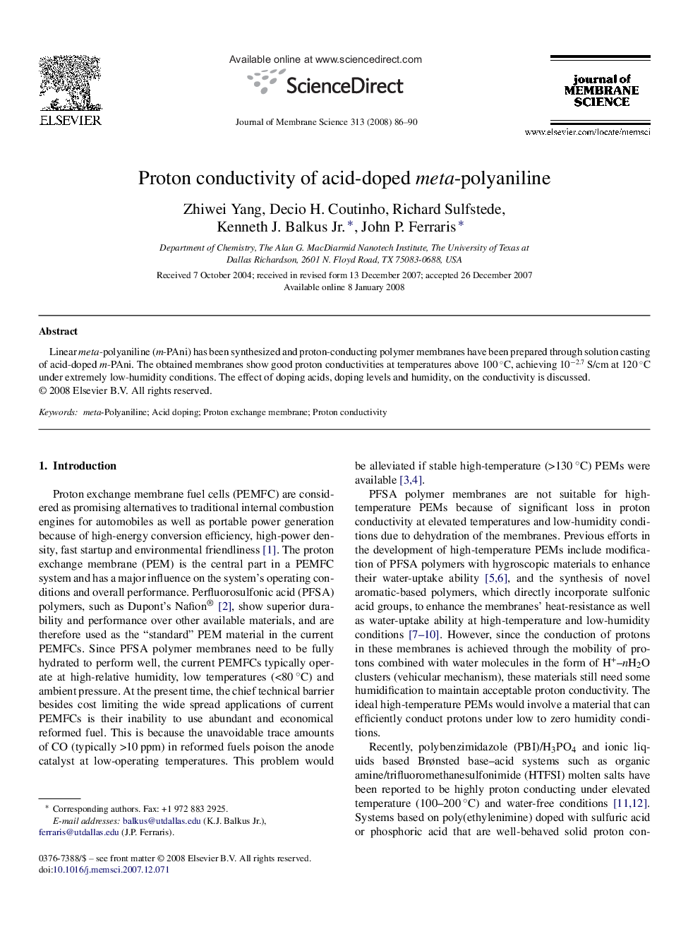 Proton conductivity of acid-doped meta-polyaniline