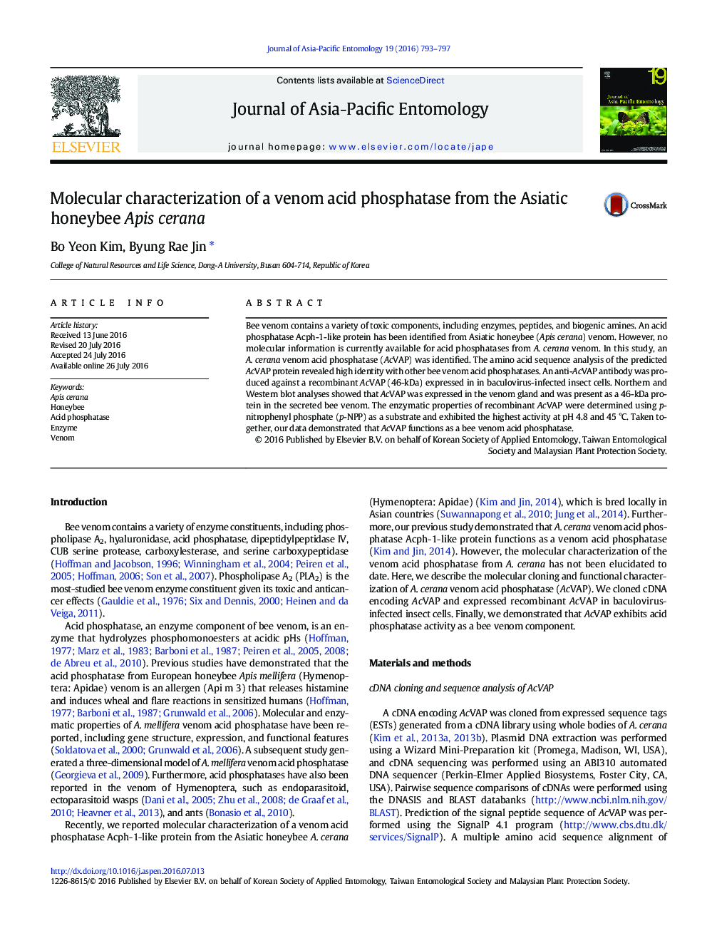 Molecular characterization of a venom acid phosphatase from the Asiatic honeybee Apis cerana