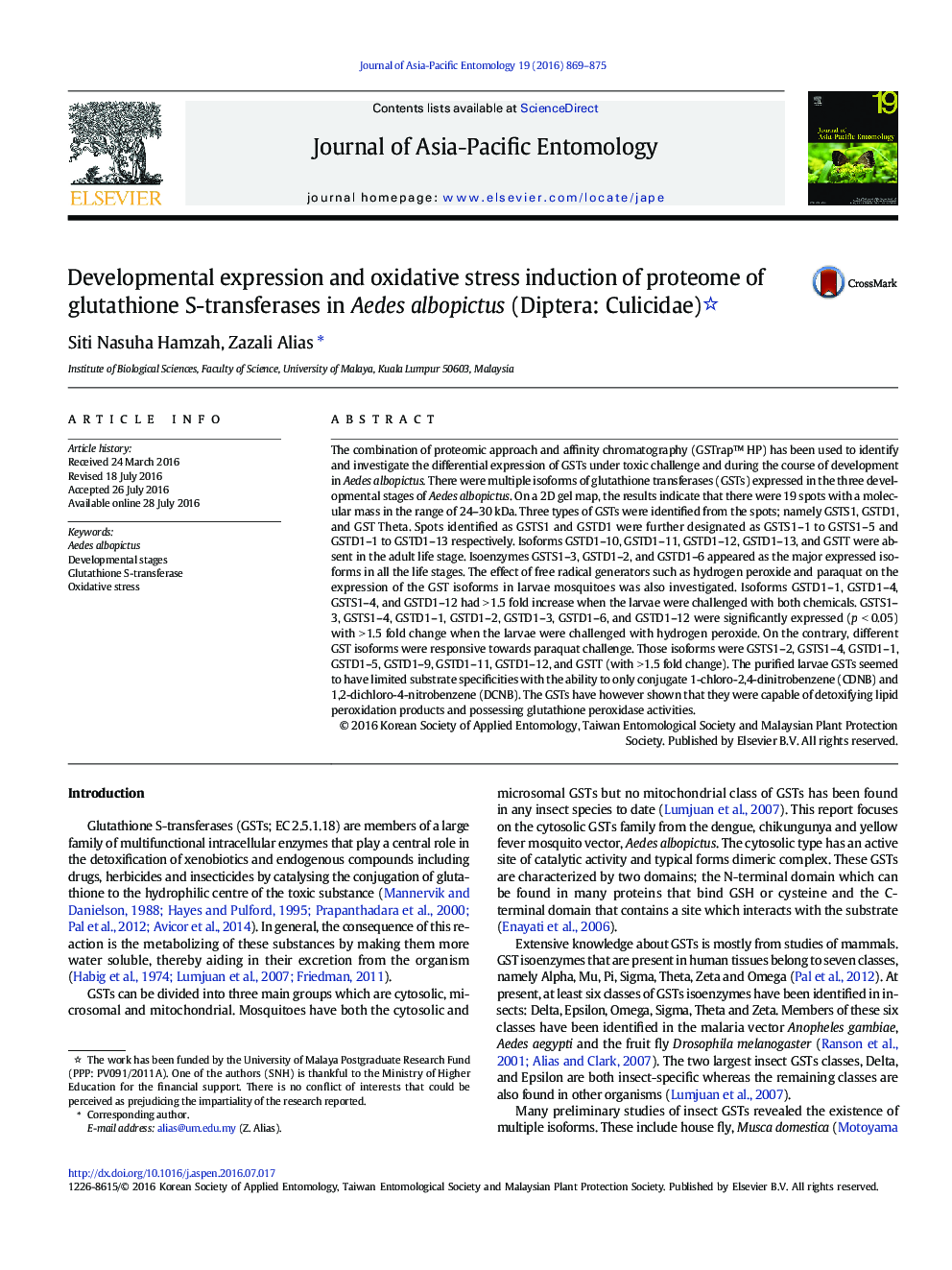 Developmental expression and oxidative stress induction of proteome of glutathione S-transferases in Aedes albopictus (Diptera: Culicidae)