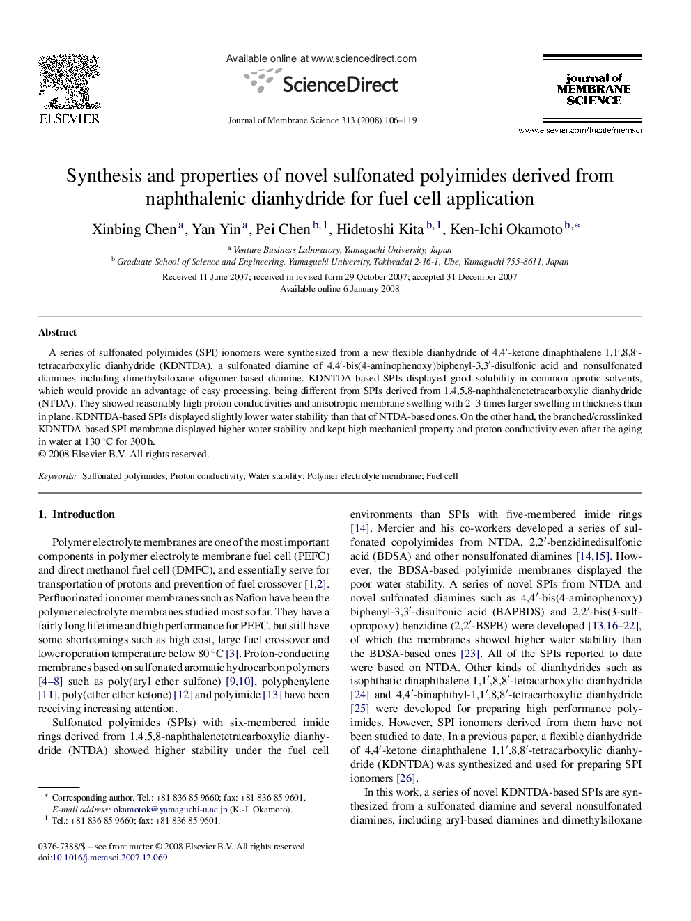 Synthesis and properties of novel sulfonated polyimides derived from naphthalenic dianhydride for fuel cell application