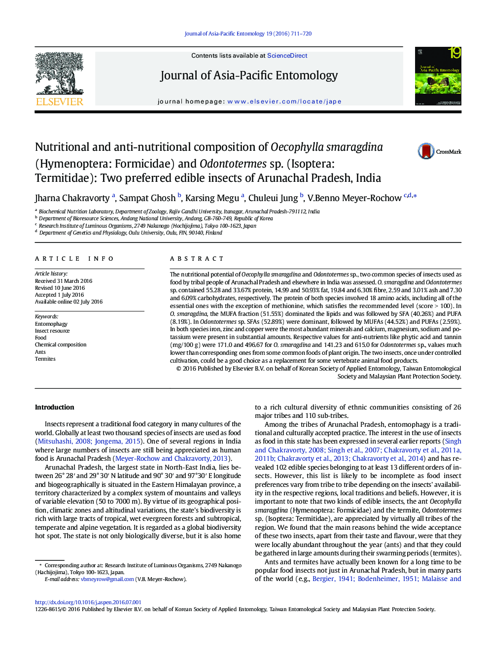 Nutritional and anti-nutritional composition of Oecophylla smaragdina (Hymenoptera: Formicidae) and Odontotermes sp. (Isoptera: Termitidae): Two preferred edible insects of Arunachal Pradesh, India