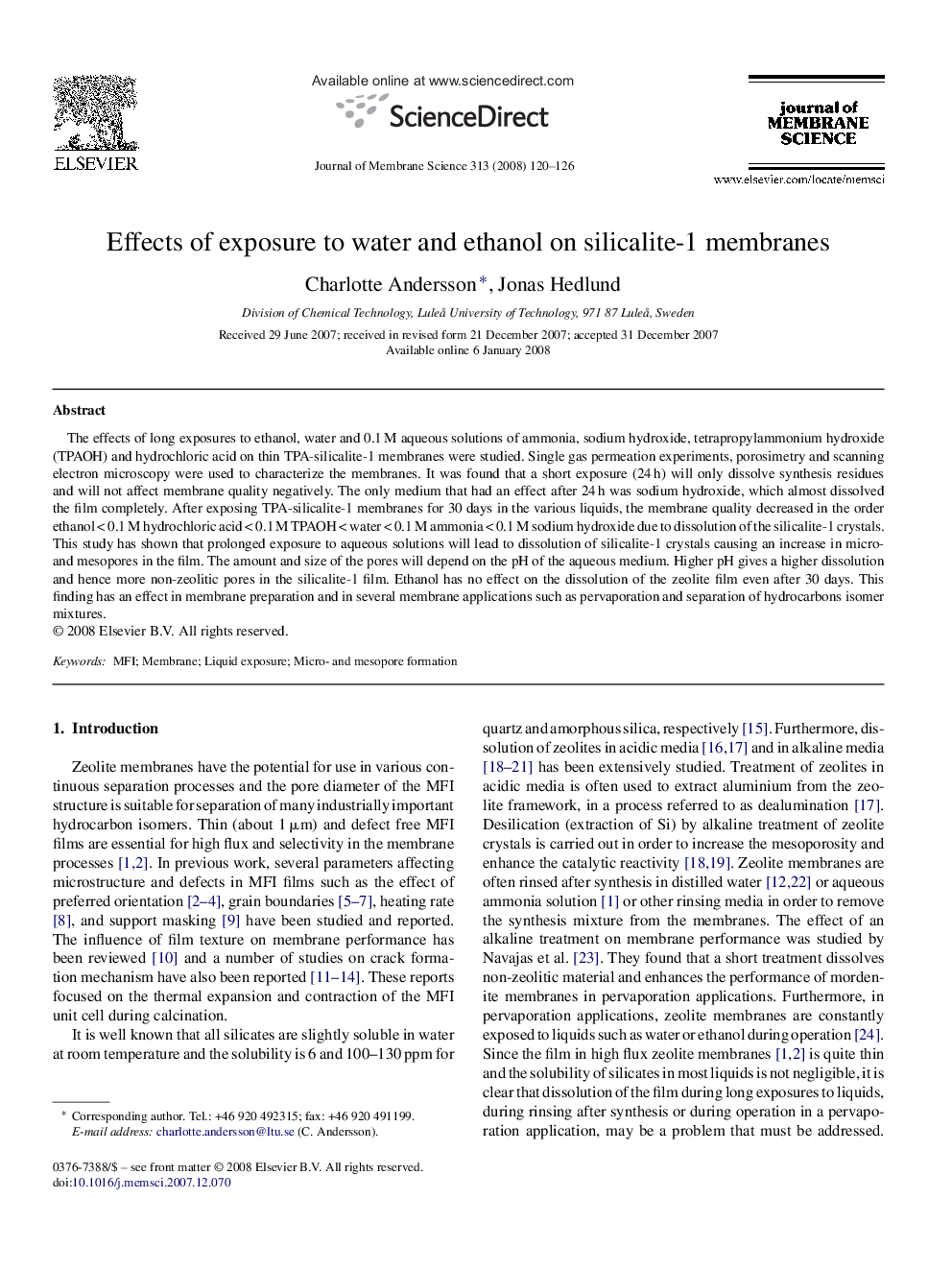 Effects of exposure to water and ethanol on silicalite-1 membranes