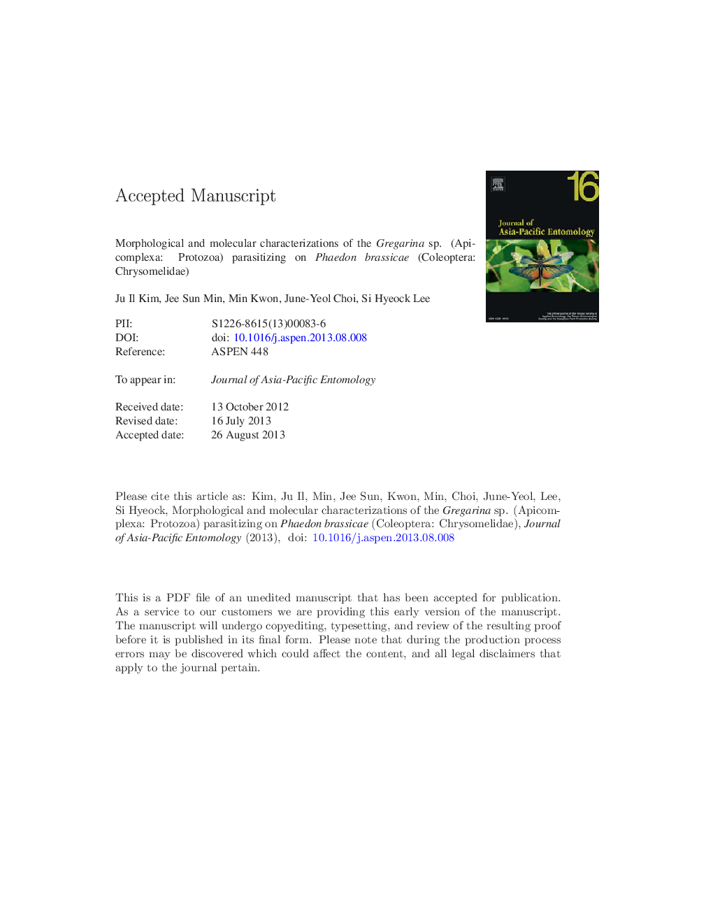 Morphological and molecular characterizations of the Gregarina sp. (Apicomplexa: Protozoa) parasitizing on Phaedon brassicae (Coleoptera: Chrysomelidae)