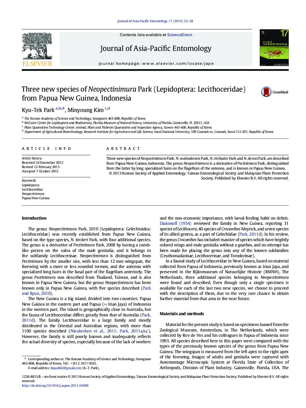 Three new species of Neopectinimura Park (Lepidoptera: Lecithoceridae) from Papua New Guinea, Indonesia