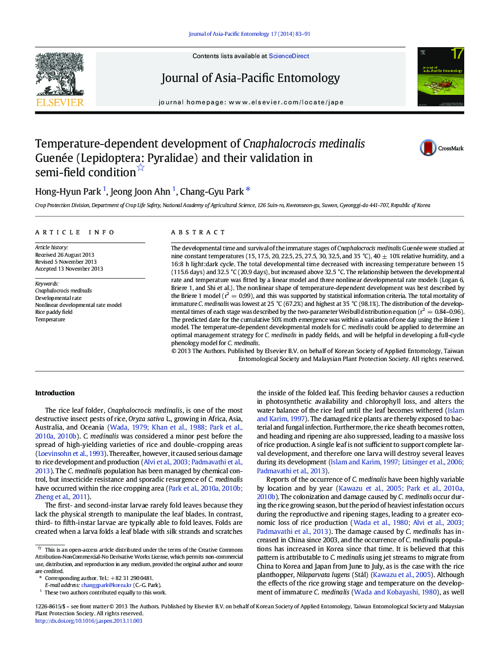 Temperature-dependent development of Cnaphalocrocis medinalis Guenée (Lepidoptera: Pyralidae) and their validation in semi-field condition