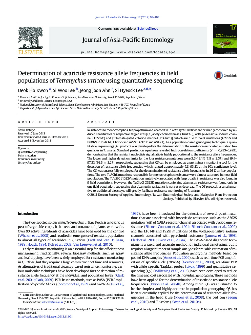 Determination of acaricide resistance allele frequencies in field populations of Tetranychus urticae using quantitative sequencing