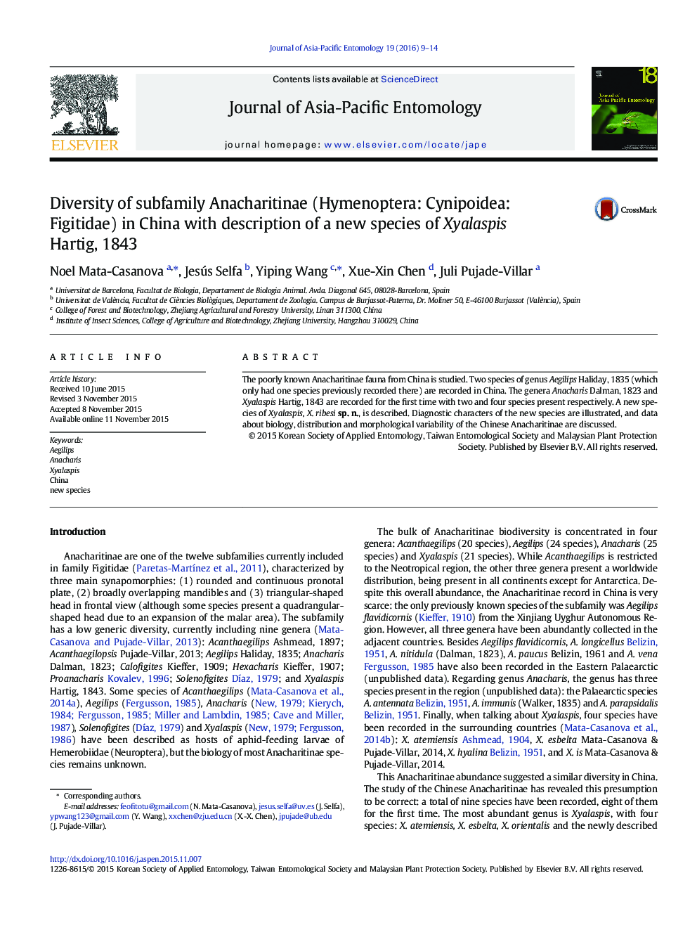 Diversity of subfamily Anacharitinae (Hymenoptera: Cynipoidea: Figitidae) in China with description of a new species of Xyalaspis Hartig, 1843