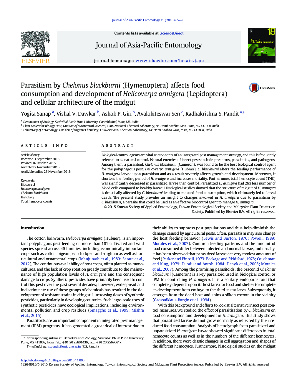 Parasitism by Chelonus blackburni (Hymenoptera) affects food consumption and development of Helicoverpa armigera (Lepidoptera) and cellular architecture of the midgut