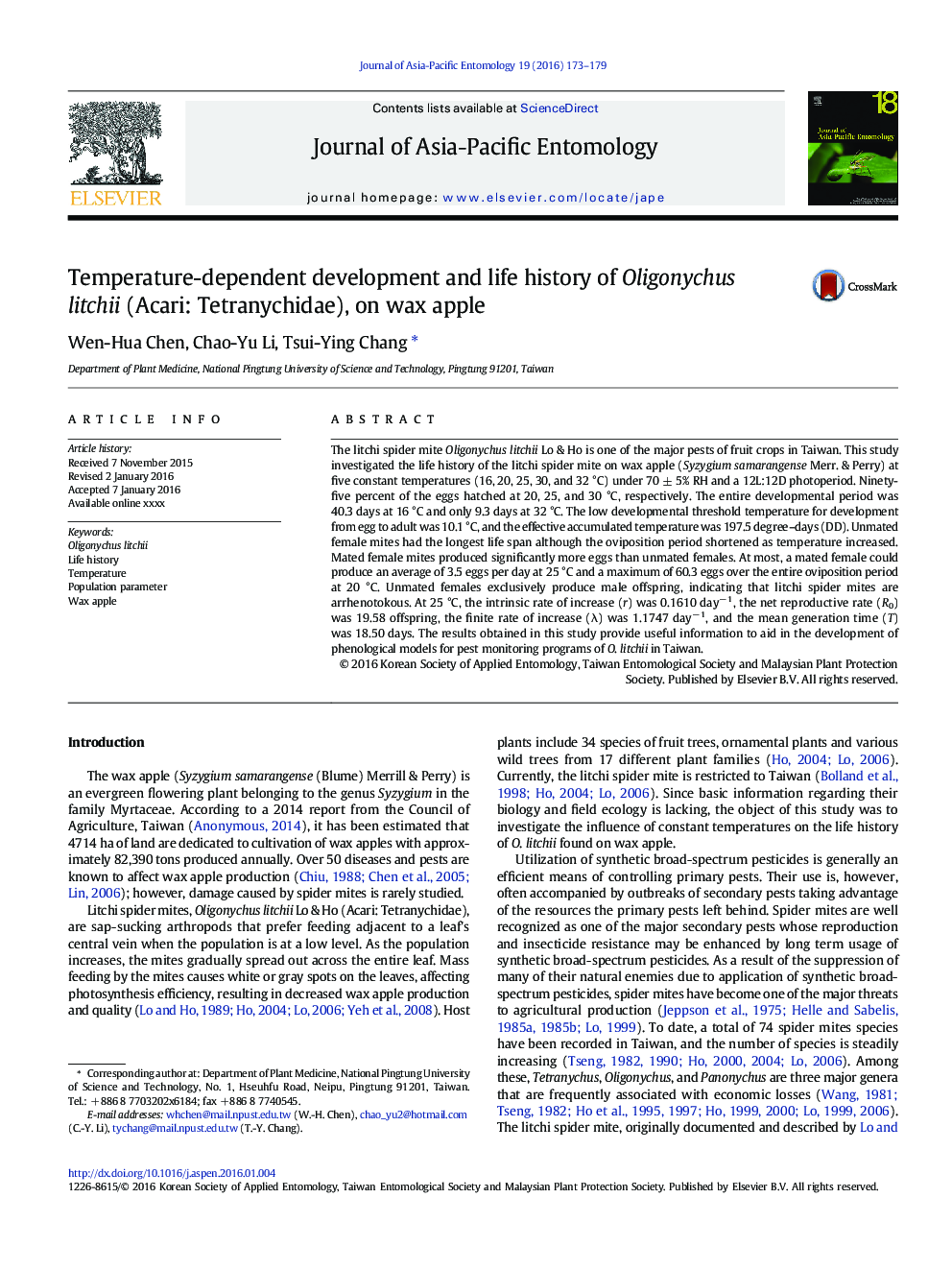 Temperature-dependent development and life history of Oligonychus litchii (Acari: Tetranychidae), on wax apple