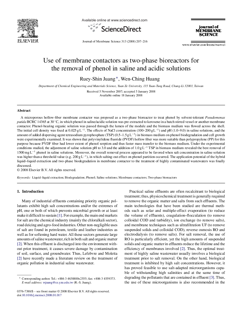 Use of membrane contactors as two-phase bioreactors for the removal of phenol in saline and acidic solutions