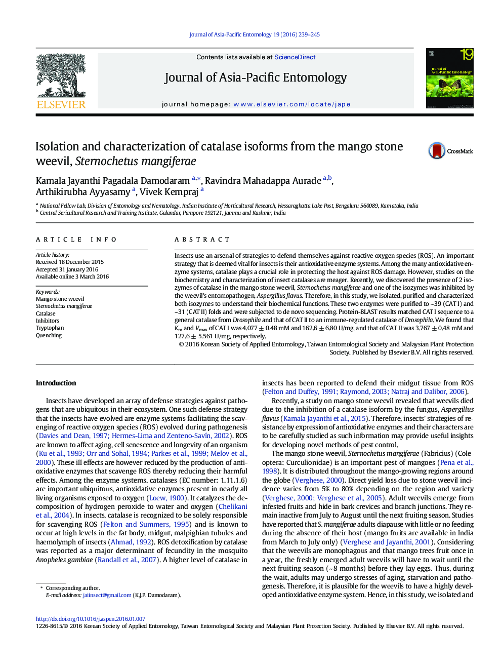 Isolation and characterization of catalase isoforms from the mango stone weevil, Sternochetus mangiferae