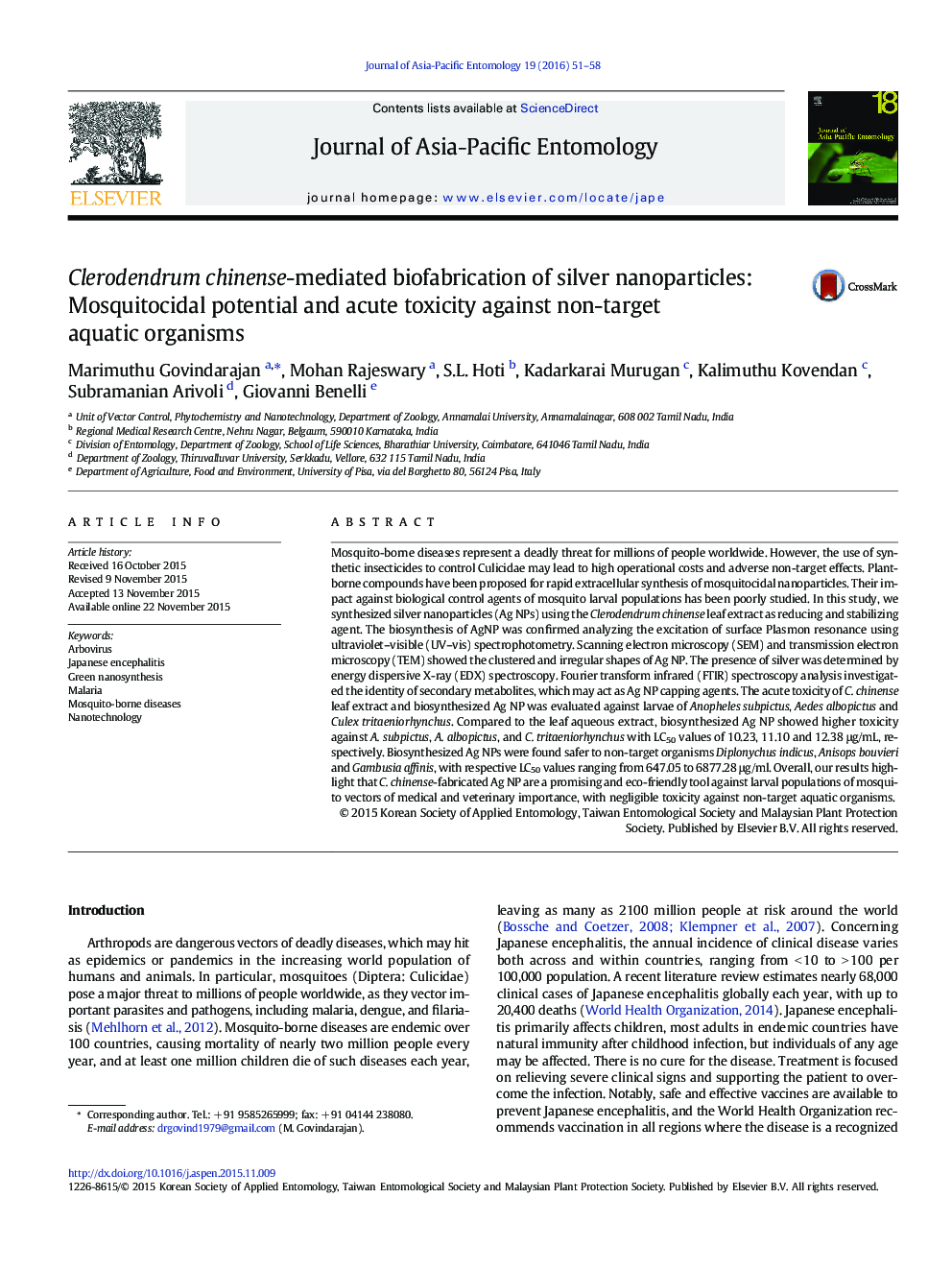 Clerodendrum chinense-mediated biofabrication of silver nanoparticles: Mosquitocidal potential and acute toxicity against non-target aquatic organisms