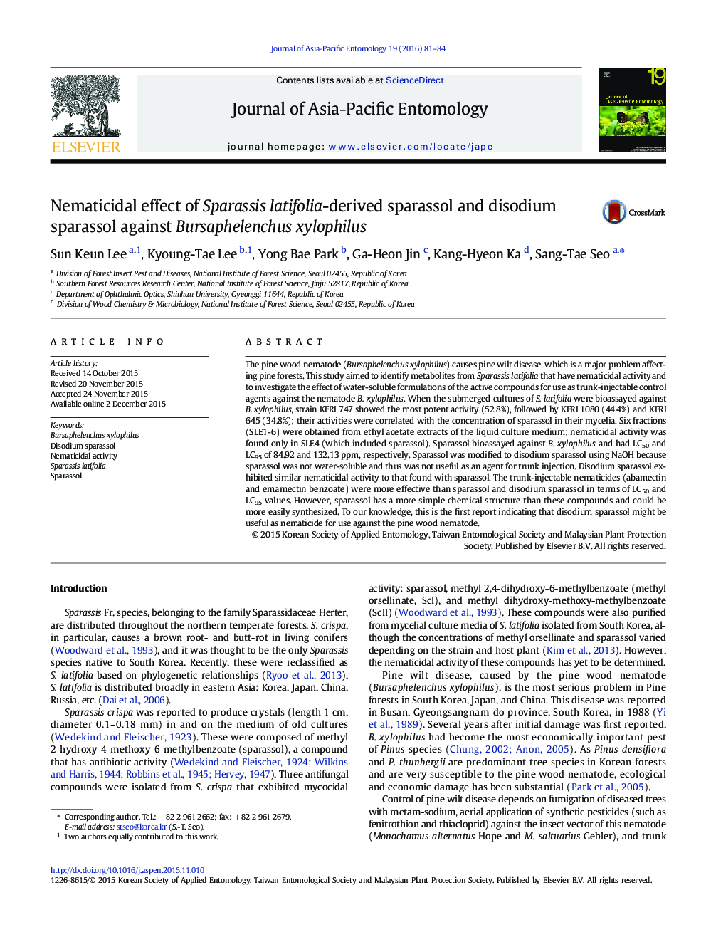 Nematicidal effect of Sparassis latifolia-derived sparassol and disodium sparassol against Bursaphelenchus xylophilus