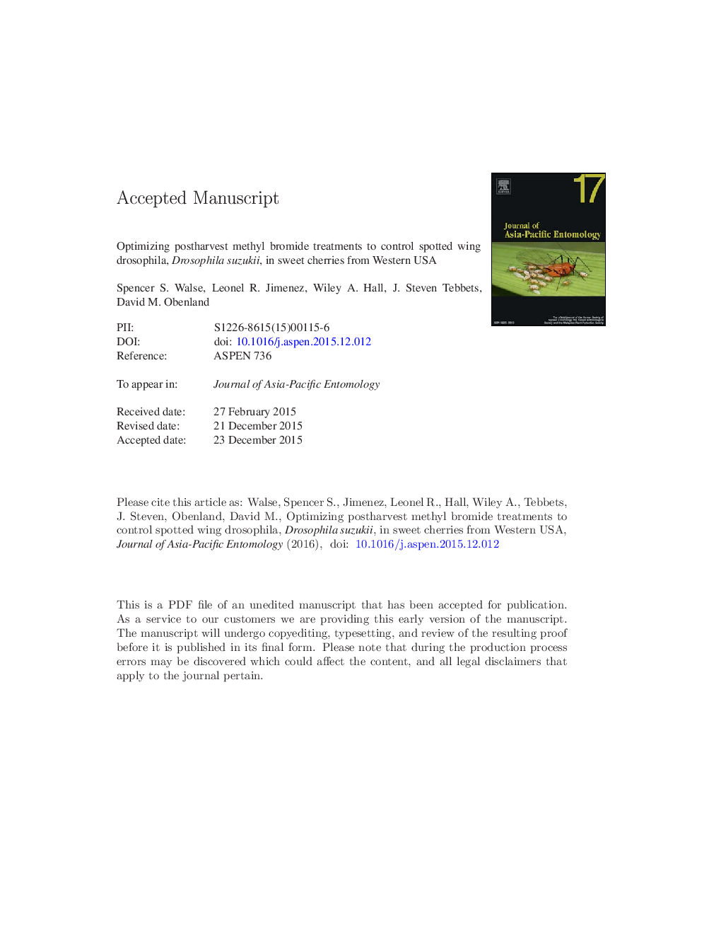 Optimizing postharvest methyl bromide treatments to control spotted wing drosophila, Drosophila suzukii, in sweet cherries from Western USA