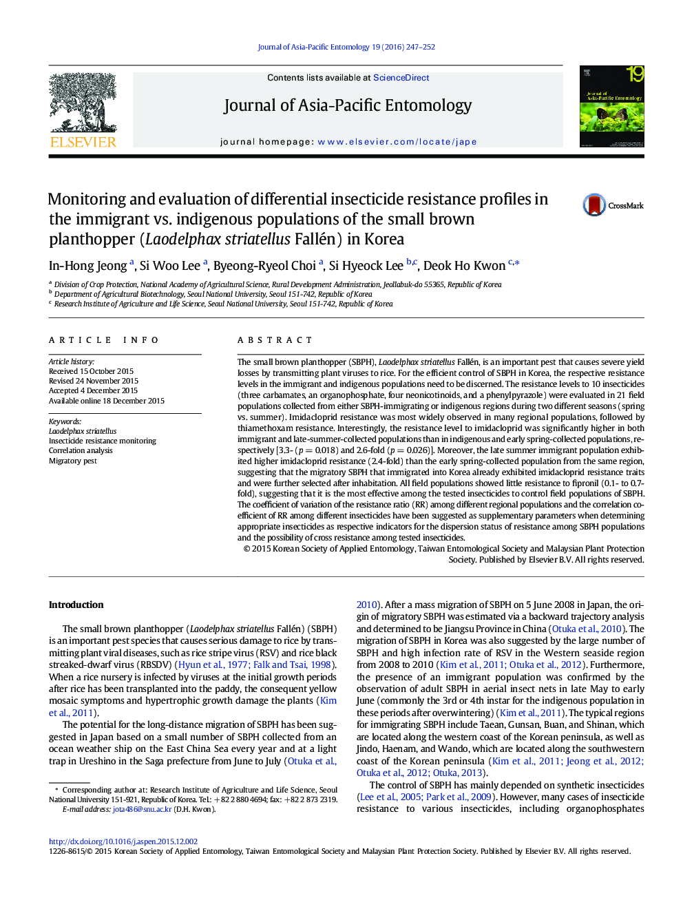 Monitoring and evaluation of differential insecticide resistance profiles in the immigrant vs. indigenous populations of the small brown planthopper (Laodelphax striatellus Fallén) in Korea