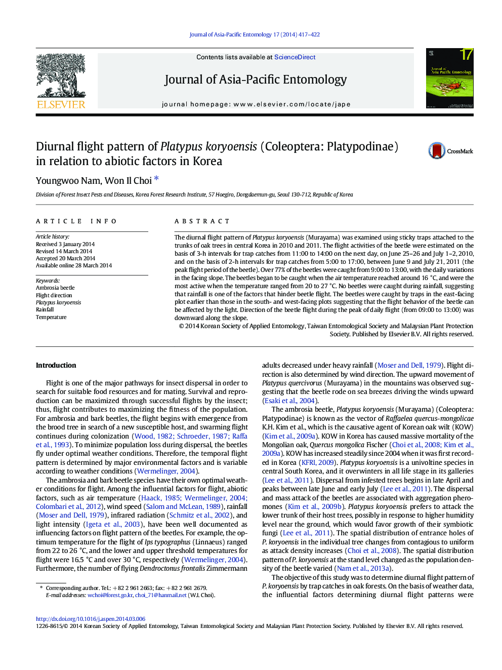 Diurnal flight pattern of Platypus koryoensis (Coleoptera: Platypodinae) in relation to abiotic factors in Korea