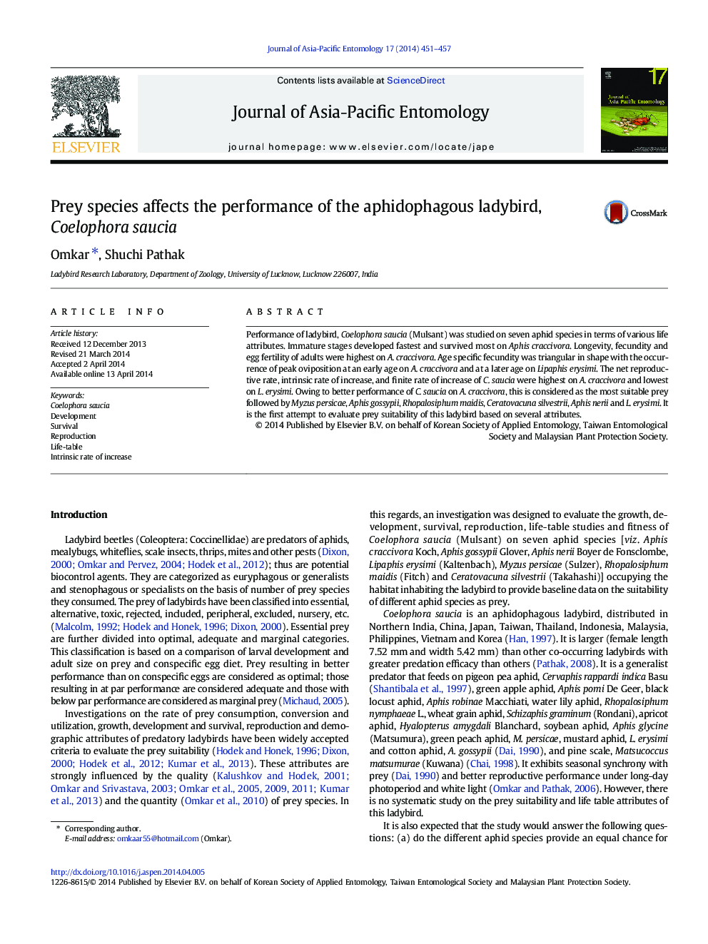 Prey species affects the performance of the aphidophagous ladybird, Coelophora saucia