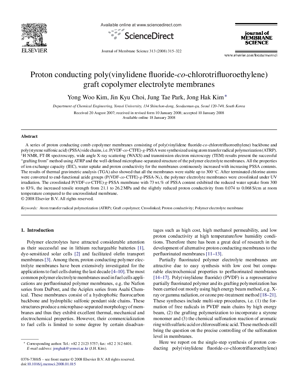 Proton conducting poly(vinylidene fluoride-co-chlorotrifluoroethylene) graft copolymer electrolyte membranes