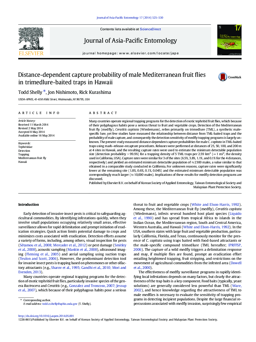 Distance-dependent capture probability of male Mediterranean fruit flies in trimedlure-baited traps in Hawaii