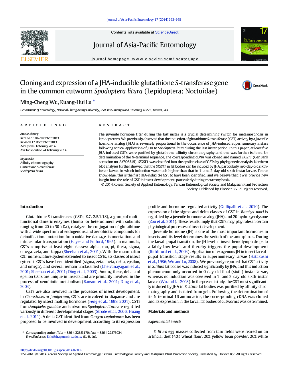 Cloning and expression of a JHA-inducible glutathione S-transferase gene in the common cutworm Spodoptera litura (Lepidoptera: Noctuidae)