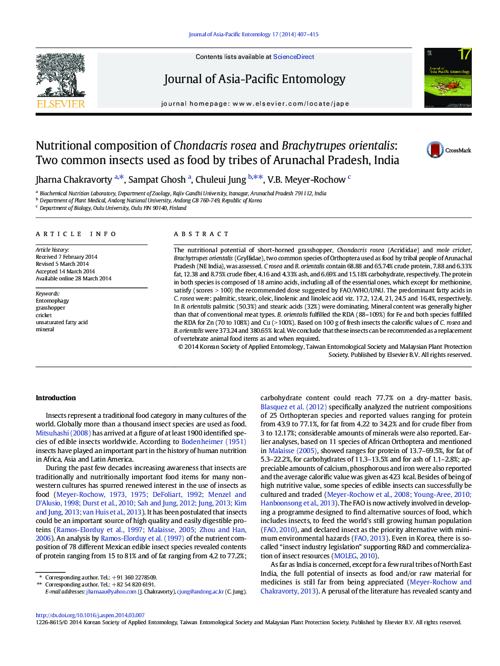 Nutritional composition of Chondacris rosea and Brachytrupes orientalis: Two common insects used as food by tribes of Arunachal Pradesh, India