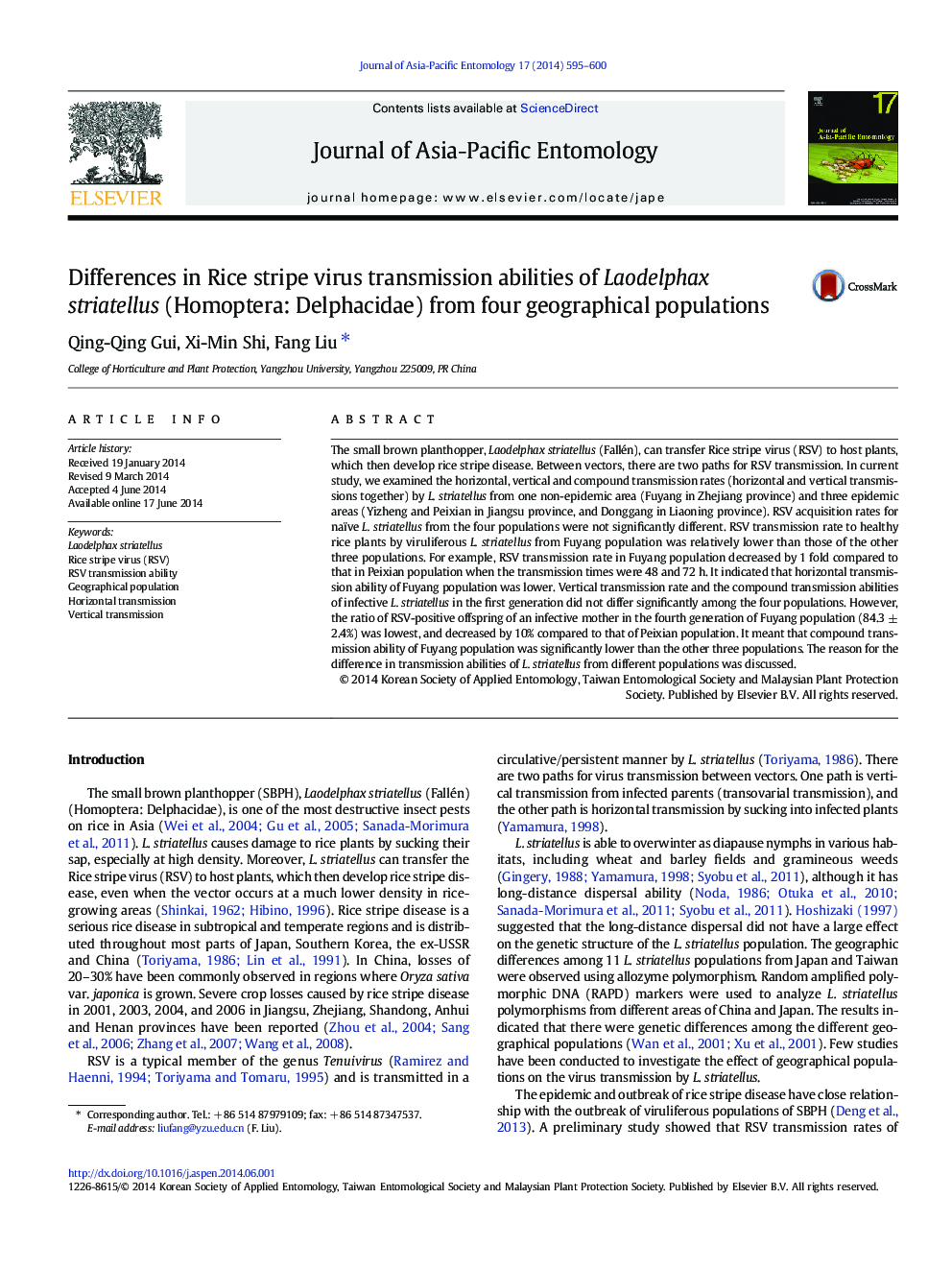 Differences in Rice stripe virus transmission abilities of Laodelphax striatellus (Homoptera: Delphacidae) from four geographical populations