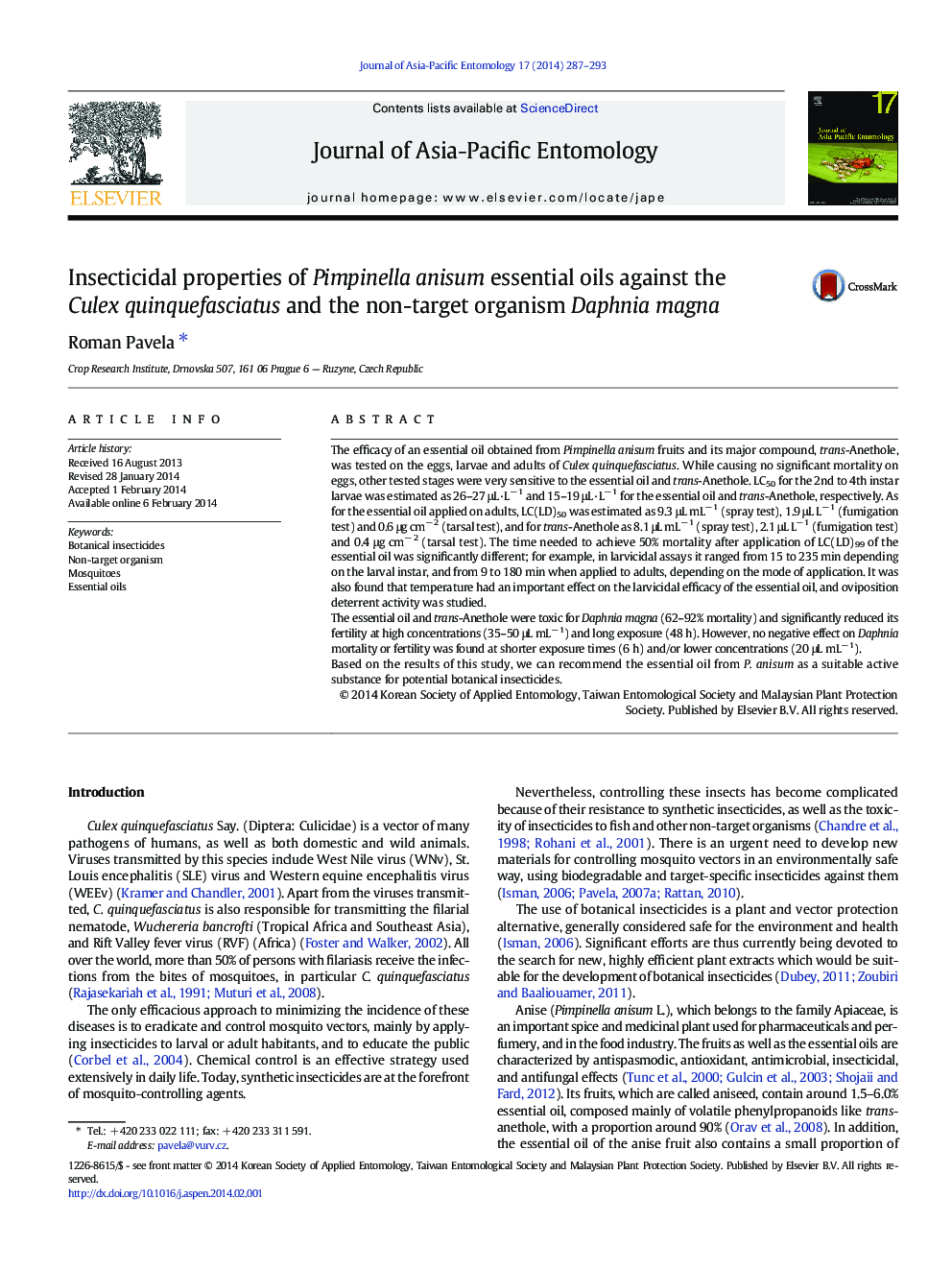 Insecticidal properties of Pimpinella anisum essential oils against the Culex quinquefasciatus and the non-target organism Daphnia magna