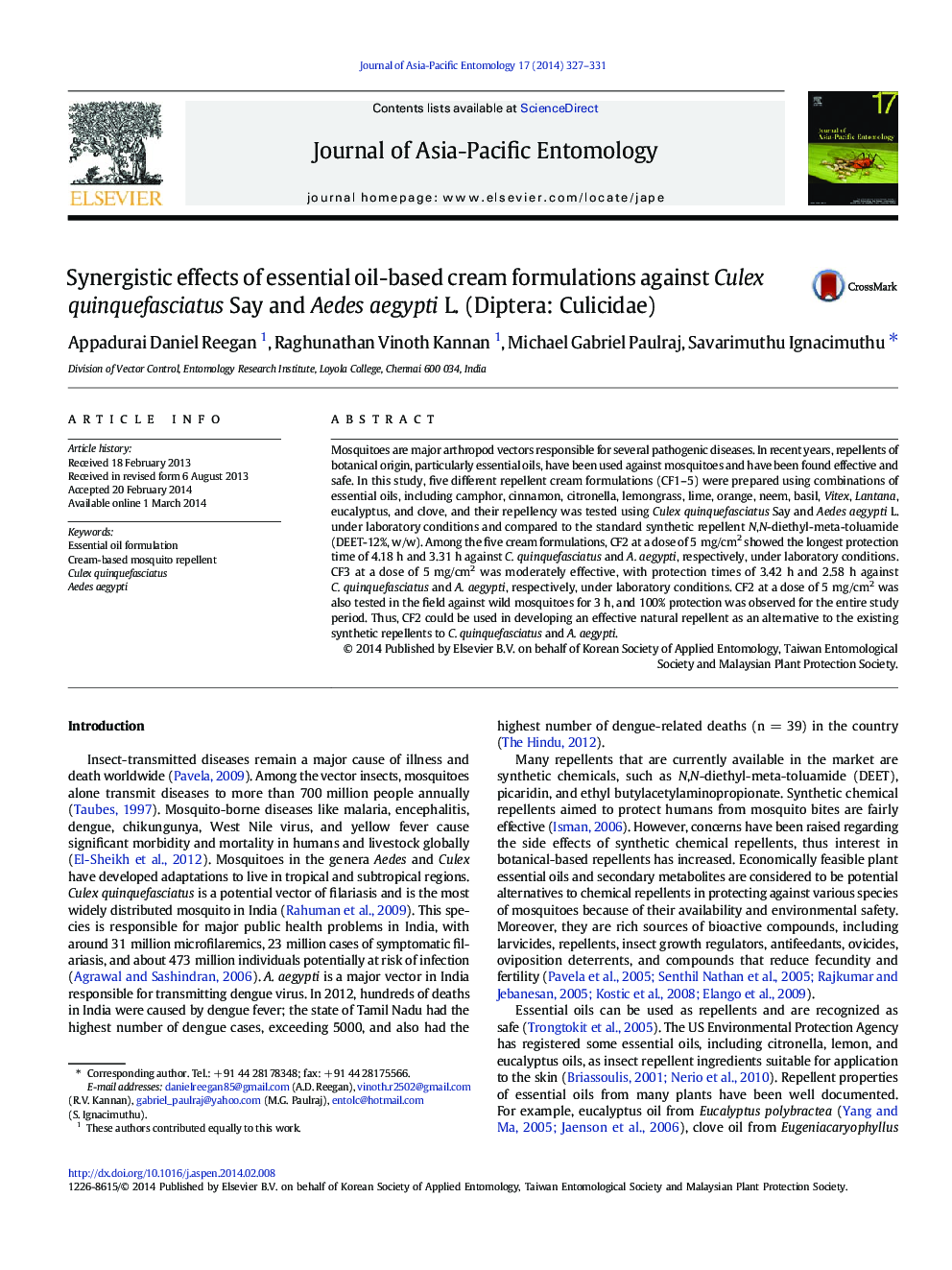Synergistic effects of essential oil-based cream formulations against Culex quinquefasciatus Say and Aedes aegypti L. (Diptera: Culicidae)