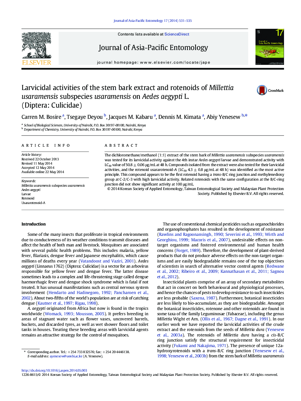 Larvicidal activities of the stem bark extract and rotenoids of Millettia usaramensis subspecies usaramensis on Aedes aegypti L. (Diptera: Culicidae)