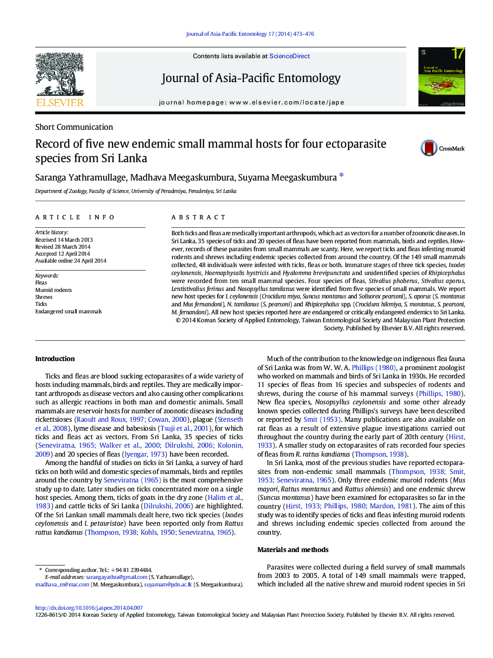 Record of five new endemic small mammal hosts for four ectoparasite species from Sri Lanka