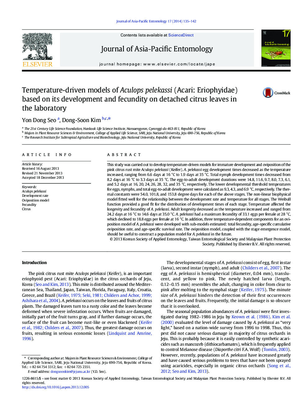 Temperature-driven models of Aculops pelekassi (Acari: Eriophyidae) based on its development and fecundity on detached citrus leaves in the laboratory