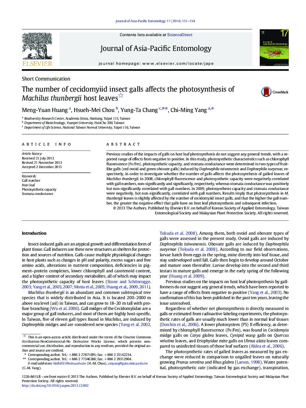 The number of cecidomyiid insect galls affects the photosynthesis of Machilus thunbergii host leaves