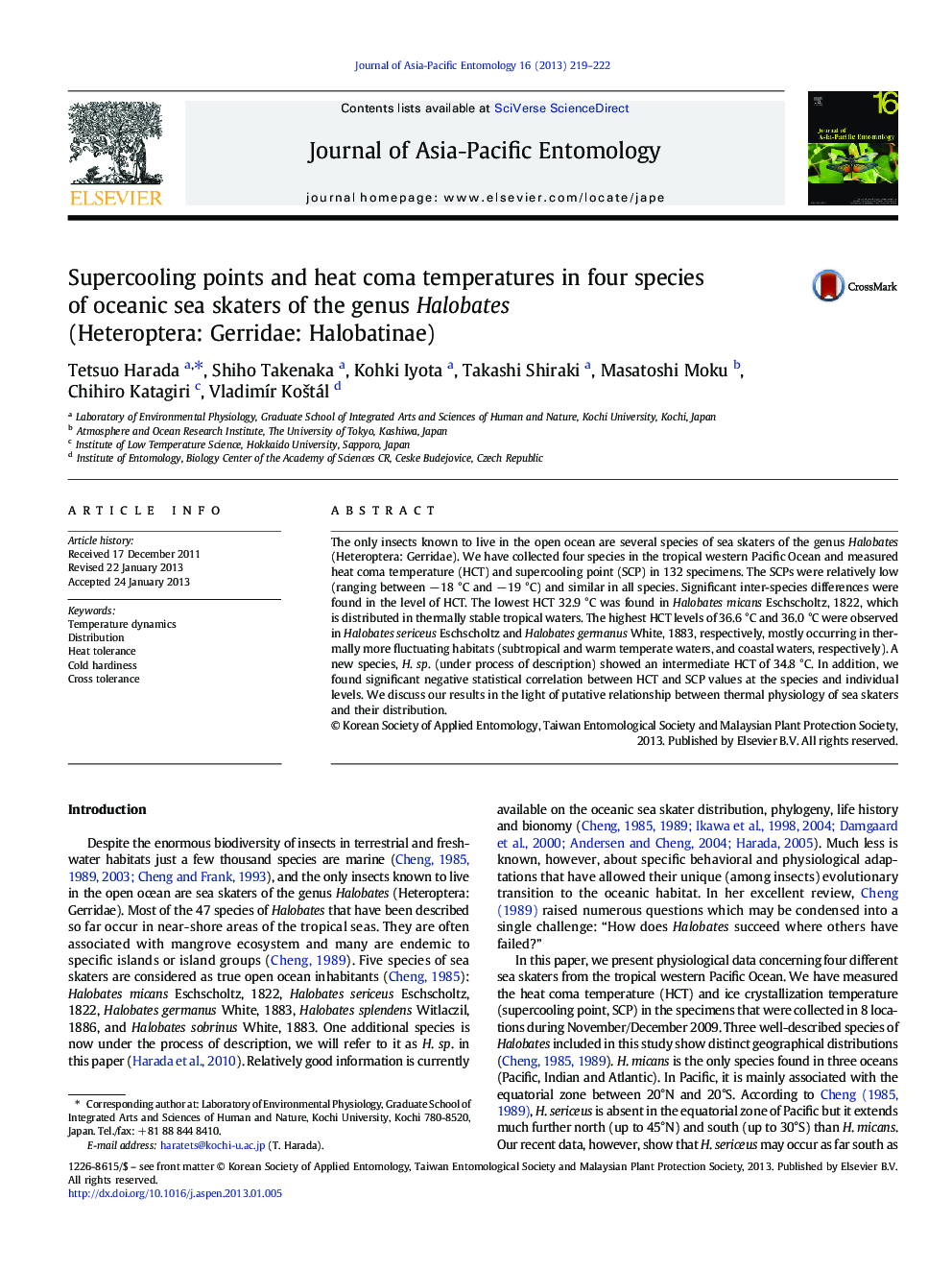 Supercooling points and heat coma temperatures in four species of oceanic sea skaters of the genus Halobates (Heteroptera: Gerridae: Halobatinae)