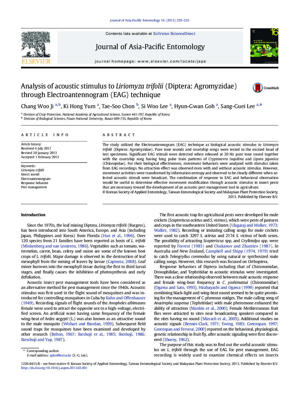 Analysis of acoustic stimulus to Liriomyza trifolii (Diptera: Agromyzidae) through Electroantennogram (EAG) technique