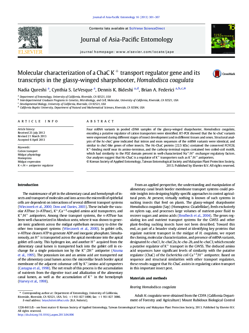 Molecular characterization of a ChaC K+ transport regulator gene and its transcripts in the glassy-winged sharpshooter, Homalodisca coagulata