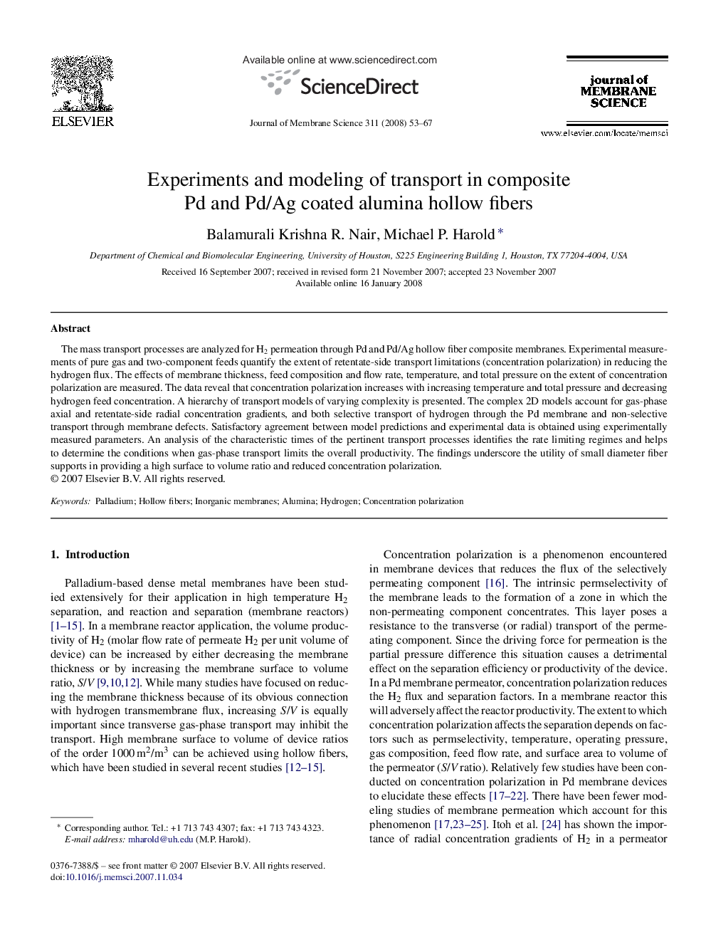 Experiments and modeling of transport in composite Pd and Pd/Ag coated alumina hollow fibers