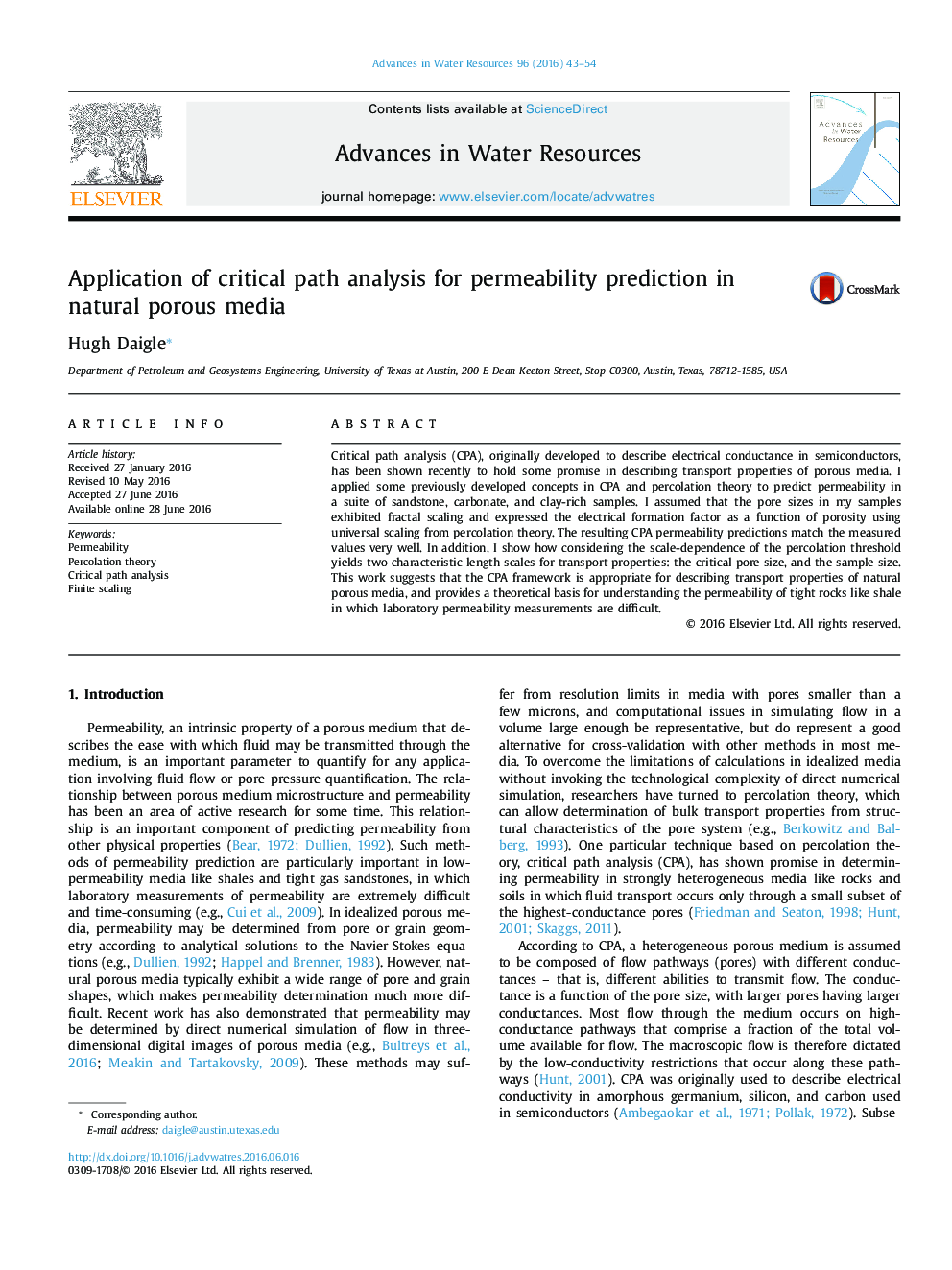 Application of critical path analysis for permeability prediction in natural porous media