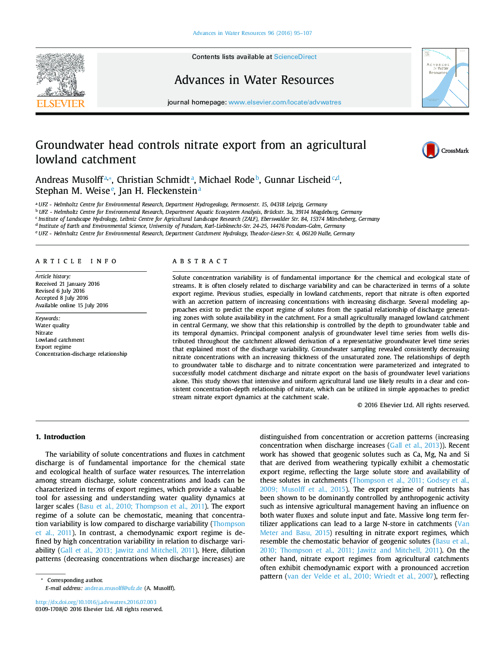 Groundwater head controls nitrate export from an agricultural lowland catchment