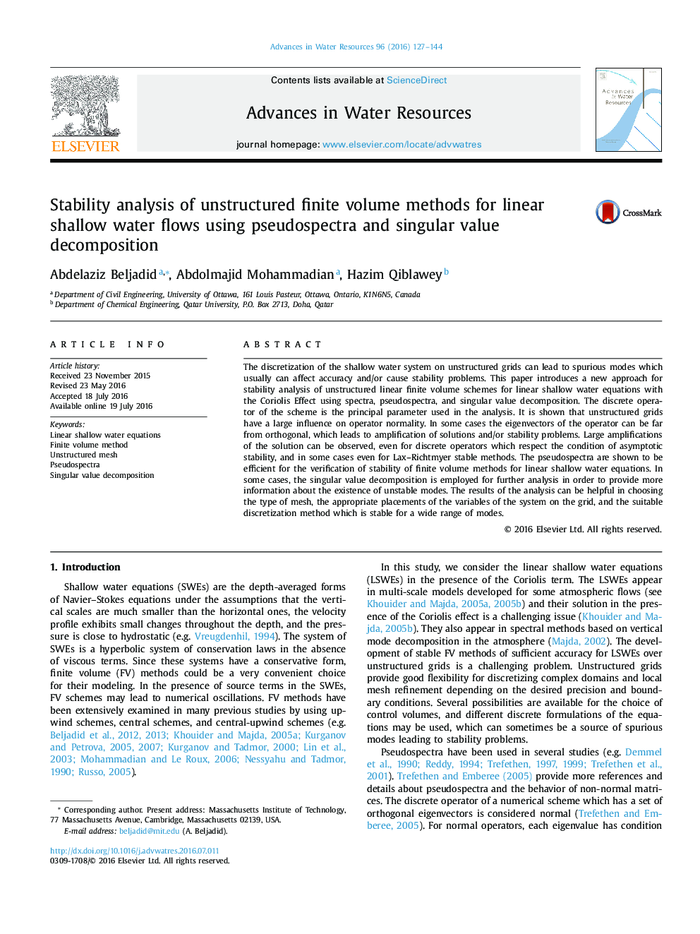 Stability analysis of unstructured finite volume methods for linear shallow water flows using pseudospectra and singular value decomposition