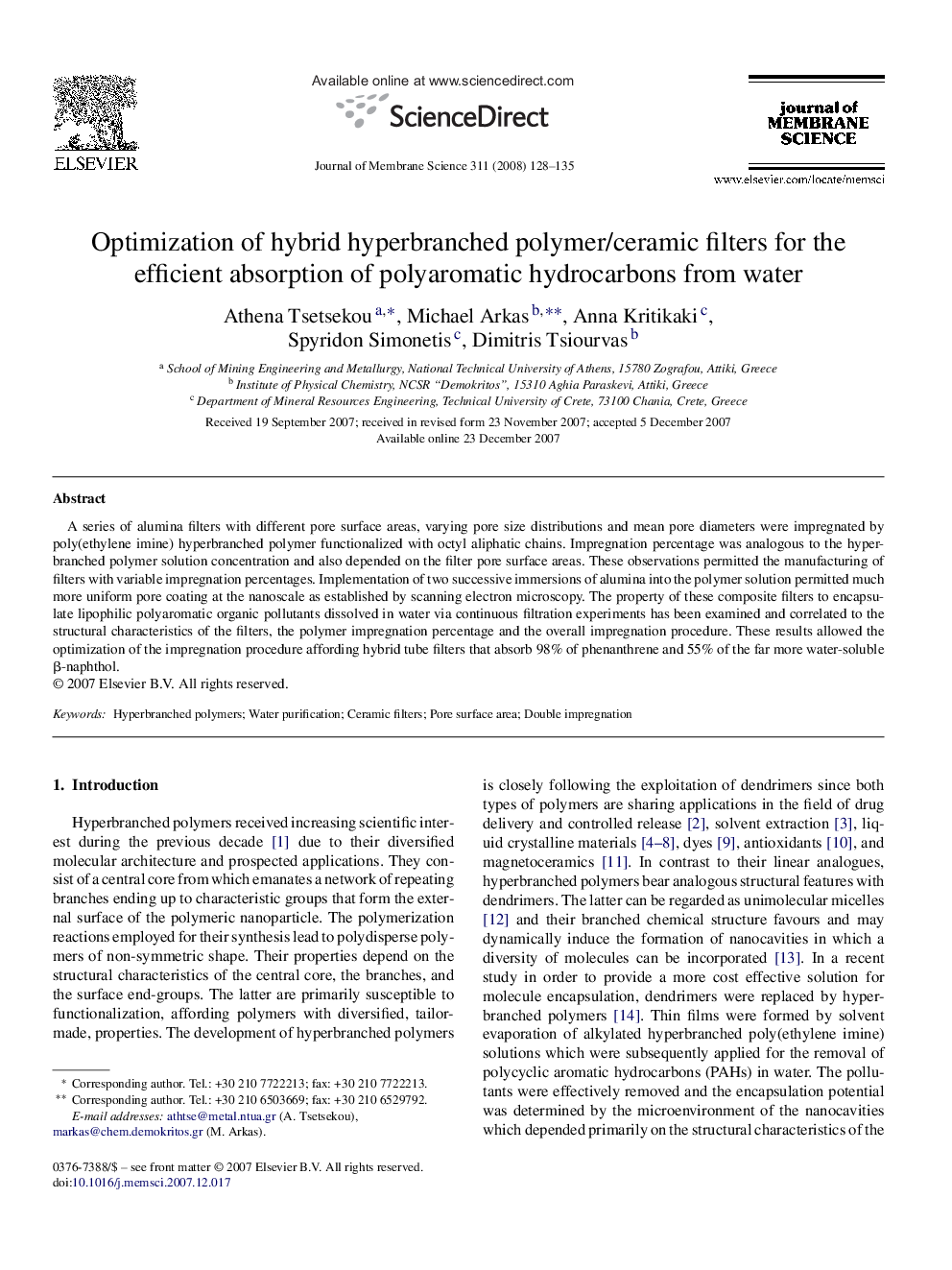 Optimization of hybrid hyperbranched polymer/ceramic filters for the efficient absorption of polyaromatic hydrocarbons from water